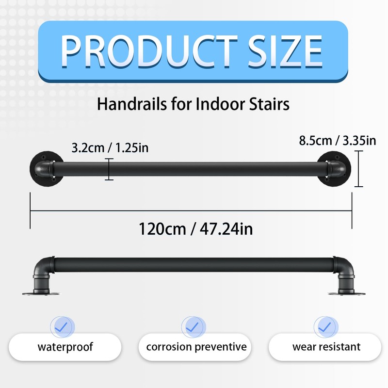 3.3FT Wall Pipe Stair Handrail - Black Galvanized Industrial Metal