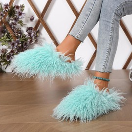 Unisex Fuzzy Faux Fur Slippers, Women's Fluffy Long Hair Sheep Faux Fur Slip on Slides, Girls Luxury Big Fluffy Outdoor Flat Slippers, Long Curly Hair Non-Slip Warm Home Slide Shoes(Green,4.5-5)