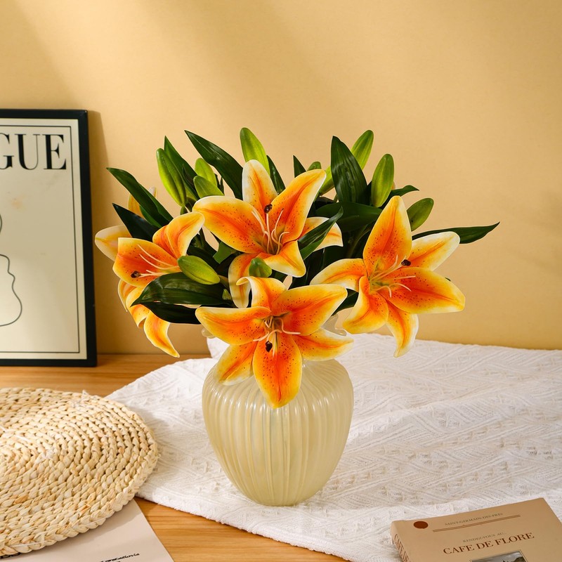 Kimura's Cabin 6Pcs Artificial Tiger Lily Flowers Real Touch Plastic