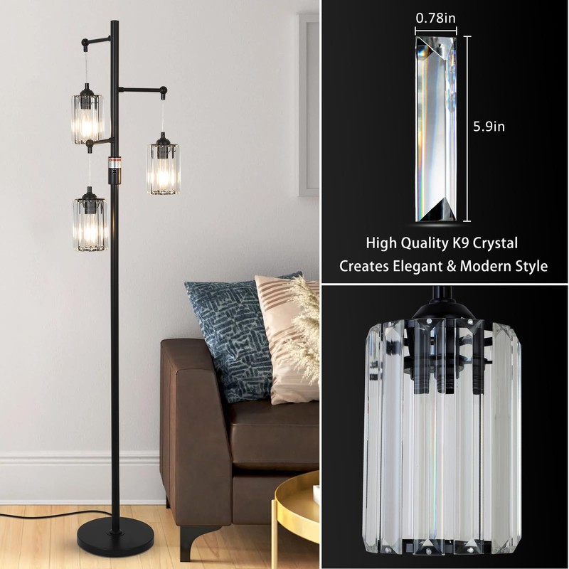 Stepeak Black Modern Crystal Floor Lamp, 3 Lights Standing Lamp