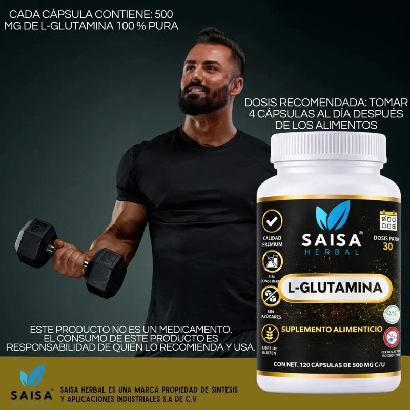 Glutamina 100 Pura 120 Cáps Saisa Herbal Suplemento Natural Apoyo