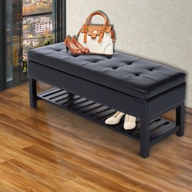 HomCom 44" Tufted Faux Leather Ottoman Storage Bench with Shoe Rack - Black