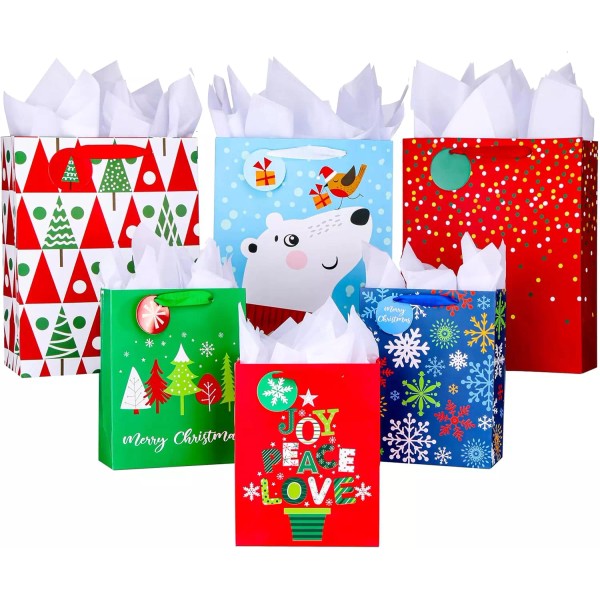 Unbranded 6 Pack Christmas Gift Bags Assorted Sizes With Tissue
