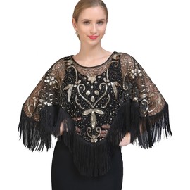 ZLTdream Sequin Beaded Evening Cape Pullover Style Bolero Flapper Cover Up 1920s Shawl For Women Dress Black-Gold