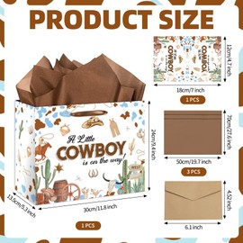RTMISA Cowboy Baby Shower Gifts Bag with Tissue Paper and Greeting Card Western Cowboy Themed Baby Boy Shower Gifts Wrapping Paper Bag, Blue & Brown Party Favor Present Wrap Items