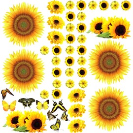 Outus 53 Pcs Sunflower Daisy Wall Decals Butterfly Waterproof Stickers Sunflower Wall Decor Flower Mural Stickers for Bathroom Room (Medium)