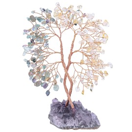 TUMBEELLUWA Fluorite+Citrine Crystal Stone Money Tree with Natural Amethyst Cluster Base Handmade Feng Shui Bonsai Tree Ornament Decoration for Fortune and Wealth
