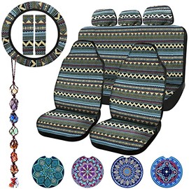 Frienda 14 Pcs Baja Car Seat Covers Full Set Multicolor Stripe Car Seat Covers Boho Print Steering Wheel Cover Seat Belt Cover Crystal Hanging Ornament Car Holders Fits for Car (Bohemia Style)