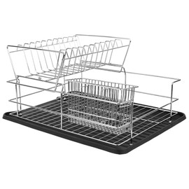 Home Basics Black Kitchen Sink Countertop 2 Tier Dish Drying Rack and Draining Board Cutlery Holder, Fits Large Plates, Dry & Drip Tray, Full Mesh