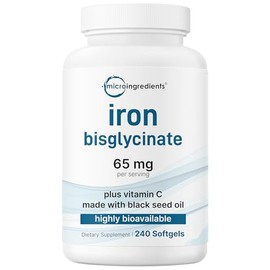 Micro Ingredients Iron Bisglycinate 65 mg Per Serving, 240 Softgels | Iron Supplement for Women & Men | Chelated Formula with Vitamin C & Black Seed Oil | Non-GMO, Gluten Free