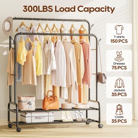 TigerParty Double Rods Clothes Rack for Hanging Clothes, Rolling Clothing Rack with Wheels, Freestanding Garment Racks with 2 Shelves for Bedroom Laundry Living Room
