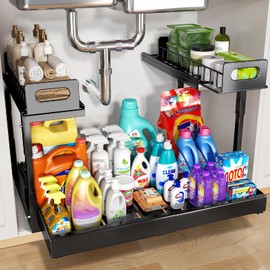 Biboraya 1 Pack-14.6-24.2" W Expandable Under Sink Organizer,2 Tier Slide Out Under Cabinet Organizer Shelf With Height Adjustable,Retractable Under sink Storage For Kitchen,Bathroom-Black