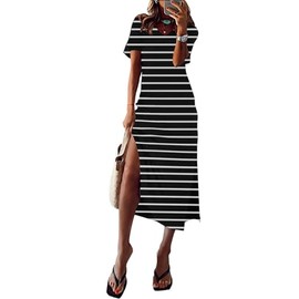 MARZXIN Women 2025 Casual Maxi Dress Short Sleeve V Neck Stripe Sundress Split Loose Long Summer Tshirt Activewear Dress Black Ribbed Stripe S
