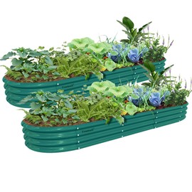 Tramull 2 Pack 12x2x1FT Galvanized Raised Garden Bed Kit Oval Metal Ground Planter Box Outdoor Bottomless Planter Raised Beds for Vegetables Flowers Herbs Fruits, Green
