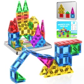 ACELIFE Magnetic Building Blocks Travel Set, 58 Pieces Mini Magnetic Building Blocks, Portable Travel Magnetic Tiles, Magnetic Tiles, Gift Toy for 3 4 5 6 7 Years Children