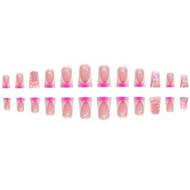 AkiliBIELY Duck Press on Nails Medium Long Silver Pink Ombre White Gold Bare Floral French Tip Fake Nails Women Glue on Nails Acrylic Stick on Nails Fantasy Classy Pretty False Nails Wedding Birthday