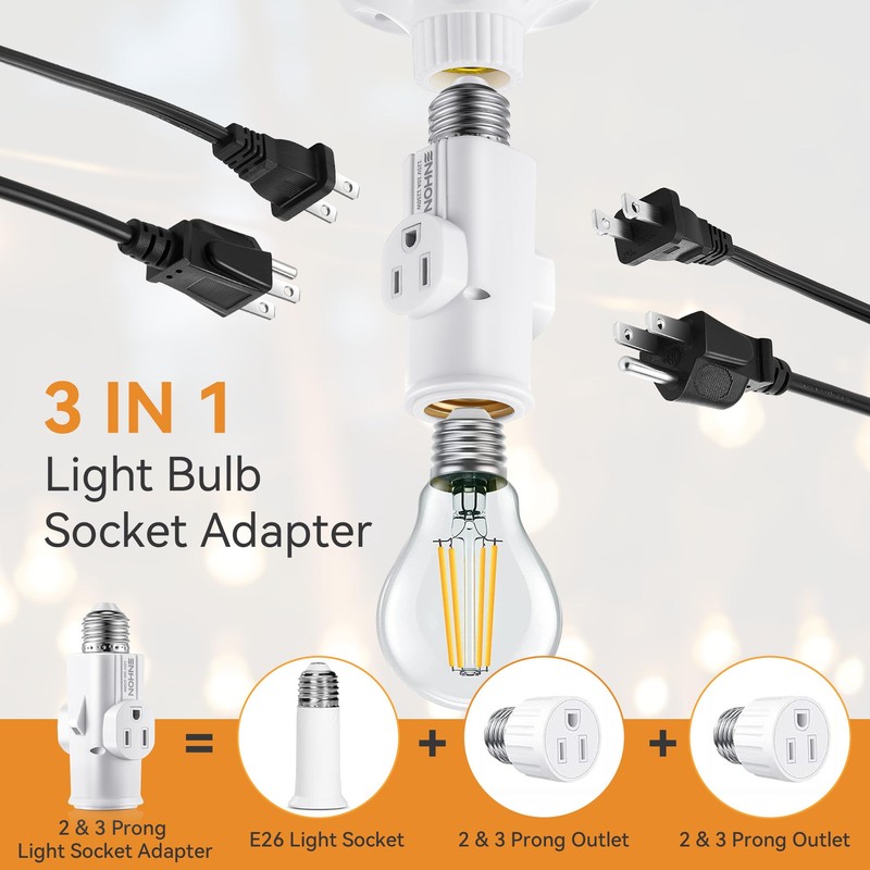 Enhon 2 Pack Light Socket Outlet Adapter, 2/3 Prong Light