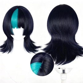 Hoshi Kirara Cosplay Wig with Necklace Nose Stud Stickers,Black Blue Short Anime Wig Costume Party Hair with Cap for Halloween
