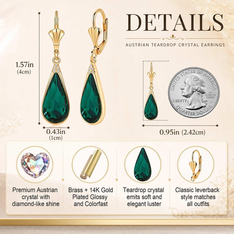 EVEVIC Teardrop Austrian Crystal Leverback Dangle Drop Earrings for Women