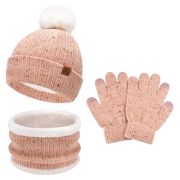 Toddler Kids Winter Hats Touchscreen Gloves Scarfs Set Pompom Beanie