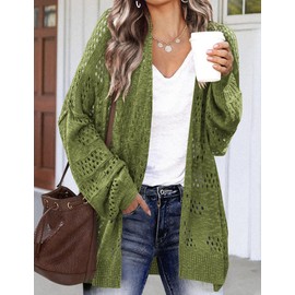 HOTOUCH Lightweight Crochet Cardigan for Women Long Sleeve Open Front Knit Oversized Cardigans Sweaters Army Green