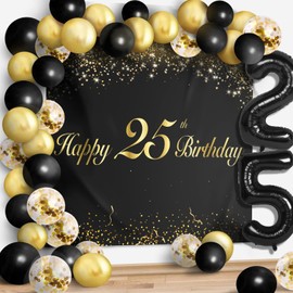 Happy 25th Birthday Balloons Black Set Decor - Cheers to 25 Years Old Party Theme Garland Banner Backdrop Decorations For Women and Men Supplies