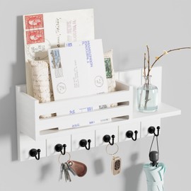 SWTYMIKI Key Rack with Shelf, Wooden Key Cabinet with Shelf, Includes Letter Holder and 6 Hooks, Wall Key Holder for Living Room, Kitchen, Office, Hallway, Bedroom, White