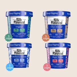 Folk Revival Keto Instant 'Oatmeal' Variety Pack - 20g of Protein, Low Carb, High Fiber, 3 Blueberry, 3 Maple Walnut, 3 Chai Almond, 3 Original - 12 Cups Per Case