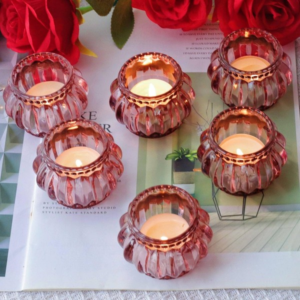 WOHO Rose Gold Tealight Candle Holder Set of 6 for Valentines Day Decor, Glass Tea Lights Candle Holder for Wedding Party, Votive Candle Holders for Table Centerpiece