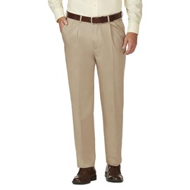 Haggar mens Work To Weekend Khaki Classic Fit No Iron Hidden Expandable Waistband Pleated Front Pant, Khaki, 40x30