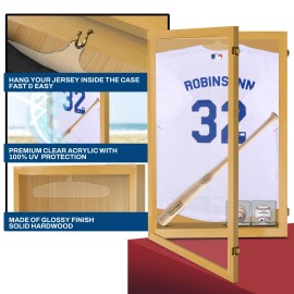 Pennzoni Jersey Display Case Large Acrylic Frame for Football, Baseball & Hockey - Golden Oak