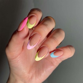 24PCS Almond Press on Nails - French Tip False Nails - Nude Based Colorful Summer Style Stick on nails - Long nails Home DIY Nail Art Gifts for Women (Rainbow Edge Nails French Tip)