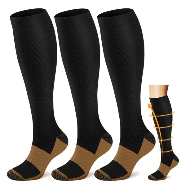 Iseasoo 3 Pairs Copper Compression Socks for Women & Men Circulation 20-30 mmHg - Best for Medical,Running,Athletic,Nursing（L/XL