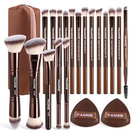 MAANGE Set de Brochas para Maquillaje 18Pcs Brochas Maquillaje Premium Sintética de Doble Punta Base de Maquillaje Polvos Sombras de Ojos Brochas de Maquillaje Profesional con 2 Esponjas de Maquillaje y Bolsa Impermeable Regalo Ideal(Marrón)