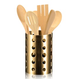 Stainless Steel Utensil Holders for Kitchen, Large Cooking Utensil Caddy Gold Metal Utensil Holders Utensil Holder with Drain Holes