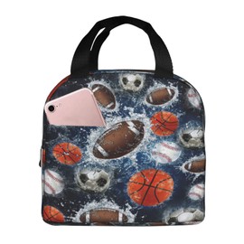 Sports Balls Lunch Box Basketball Baseball Football Soccer Insulated Lunch Bag for Kids Women Men Reusable Cooler Tote Bag with Front Pocket for Girls Boys Students School Picnic Travel Office