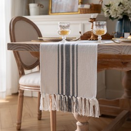 Caflife Boho Table Runner for Modern Farmhouse Decor, Dining Table décor 13 x 90 Inch Long, Coffee Table Runner with Handcrafted Tassels, Grey and Beige Stripe Table Runner for Home Boho Décor