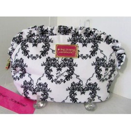 Betsey Johnson Large Cosmetic Bag Makeup Ruffle White Floral Bouquet Roses NWT