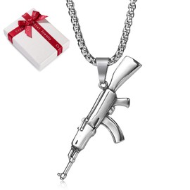 Men's Stainless Steel Pendant Chain AK47 Army Rifle for Men 18 K Gold-Plated Silver Necklace Gun Necklace Army, Rock Style Fashion Jewellery Necklaces for Boys, Boys, Father's Day Gift, 60 cm,