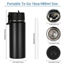 Volhoply 16 OZ Kids Water Bottle Bulk 4 Pack,Insulated Sports Bottles with Straw Lid,Stainless Steel Bottle with Handle Keep Cold & Hot,Double Wall Vacuum Tumbler Cups for School,Girls(Black, 4)