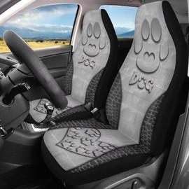 Bulopur Gray Dog Paw Car Front Seat Covers Full Set with 2 Piece Polyester Stretchy Automotive Interior Accessories Universal Fit Most Vehicles Easy to Install