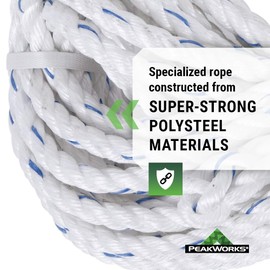 Peakworks Fall Protection Safety Lifeline Rope Grab, XL 150 ft Vertical Cable, Galvanized Steel Snap Hook Harness for Climbing, Rescue, Hunting, Roofing, White