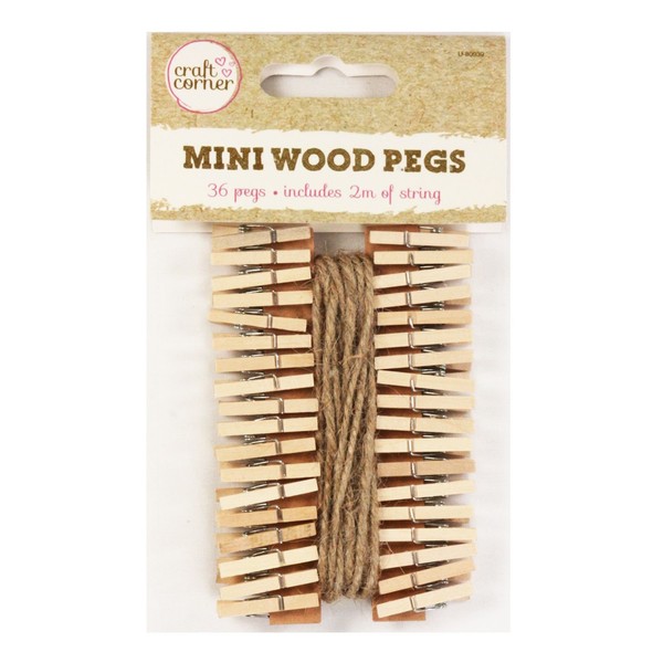 36 Mini Wooden Pegs with 2m of Jute String Christmas Cards Photos Notes