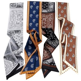 Muaquata 4Pcs Fashion Scarves for Women, Multifunctional Boho Floral Headbands Satin Scarf for Bag Hair Accessories (Coffee White)