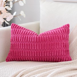 OTOSTAR Corduroy Decorative Throw Pillow Covers 16x24 Inch Super Soft Boho Striped Rectangle Pillow Covers Case Modern Cushion Covers for Sofa Couch Bedroom Car Decor Hot Pink