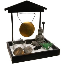 Japanese Style Decorative Zen Garden Includes Figurine, Stones, Candlestick, Gong, Rake, Sand in Black, 16.5 x 15 x 12 cm
