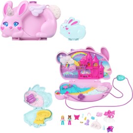 Polly Pocket Wearable Travel Toy with 2 Micro Dolls and 12 Accessories Including Pets, 2-in-1 Bunny Fun Compact Purse Playset with Bunny Unicorn Theme