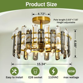 SZXYKEJI 3-Light Crystal Ceiling Light Fixture Modern Gold Semi Flush Mount Ceiling Light Metal Close to Ceiling Lighting Chandelier for Kitchen Living Room Bathroom Entryway Bedroom