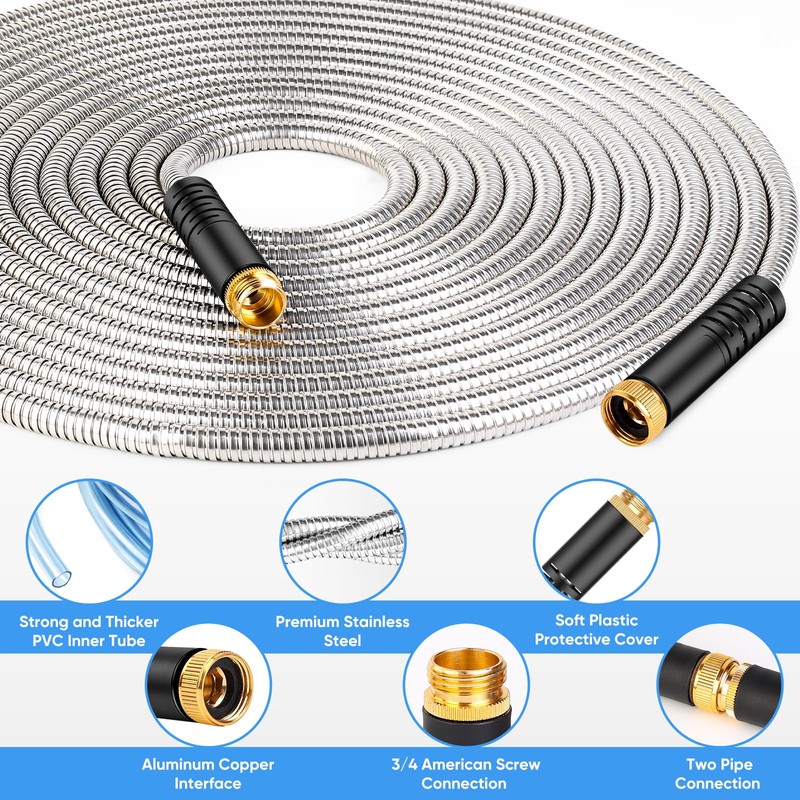 Garden Hose 50 FT, Metal Stainless Steel Water Hose with
