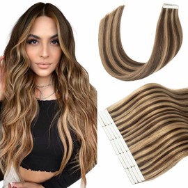 Hyssiet Tape in Hair Extensions Human Hair, 20pcs 50g 16 Inch Tape in Hair Extensions,Chocolate Brown Highlighted Caramel Blonde,Invisible Remy Soft Natural Thick Real Human Hair Extensions